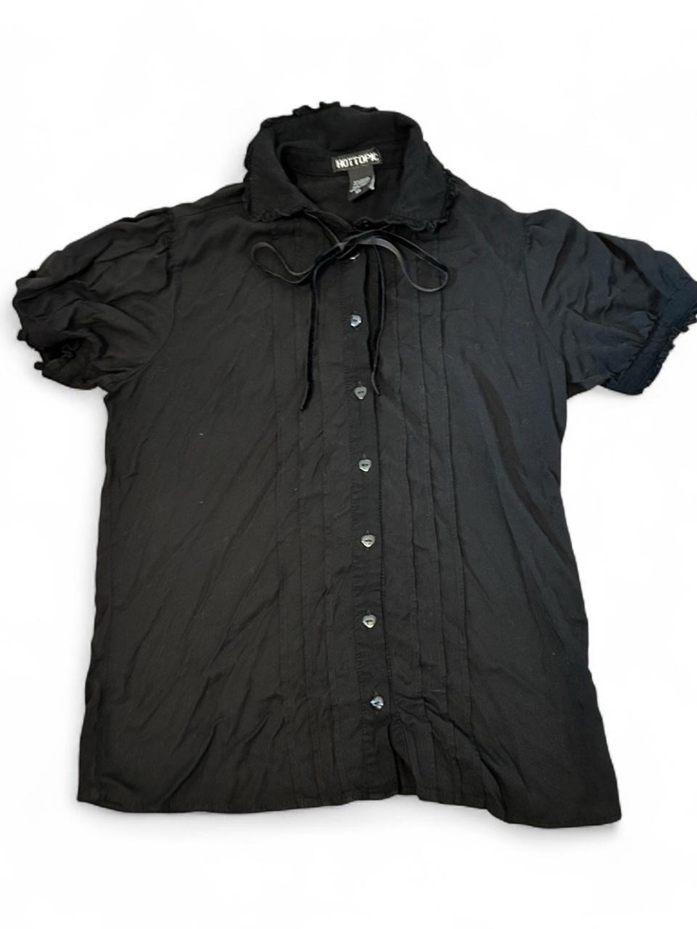 Hot Topic Black Blouse Heart Buttons Ruffles Bow Womens XS Corporate School Goth